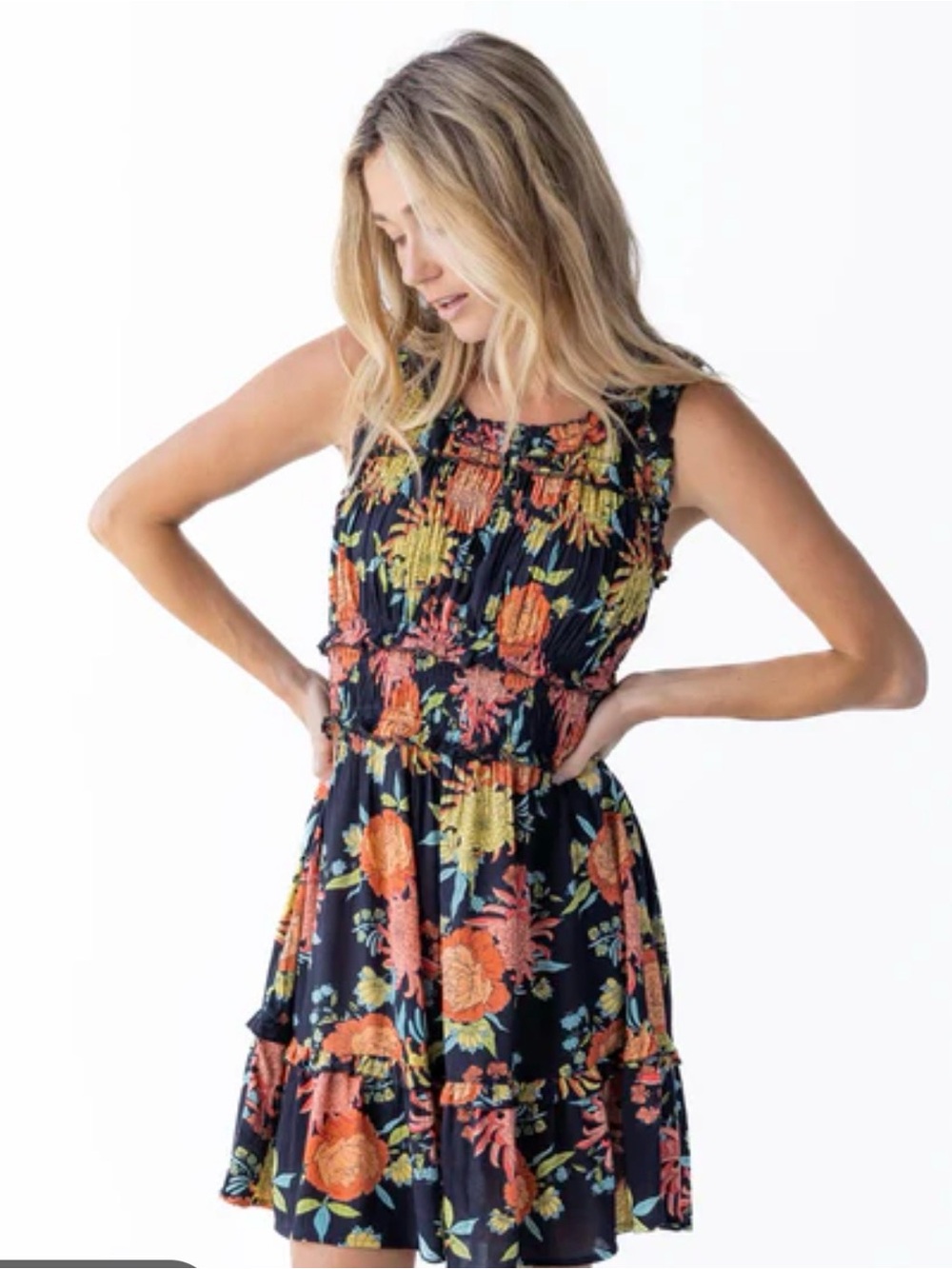 Natural Life Elsie Ruffle Smocked Mini Dress Black Marigold Floral Boho Size S